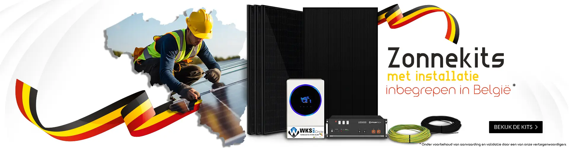 Zonne-installatie in België met mensen die panelen op een dak installeren zonnepanelenapparatuur en Belgische vlag